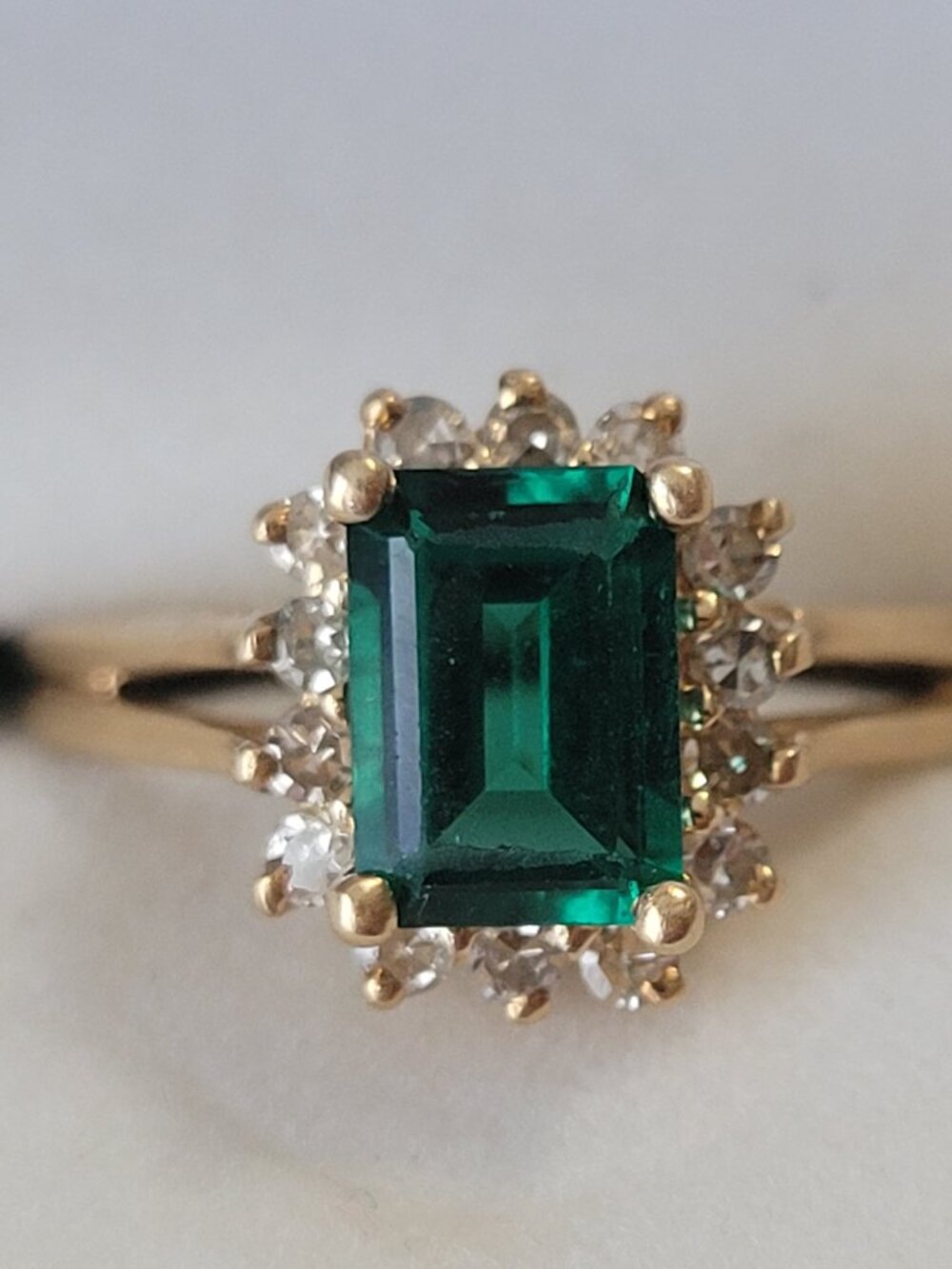 Emerald Diamond 14k Gold Vintage Ring Chatham 14 Diamonds 1980's May Birthstone - Picture 7 of 15